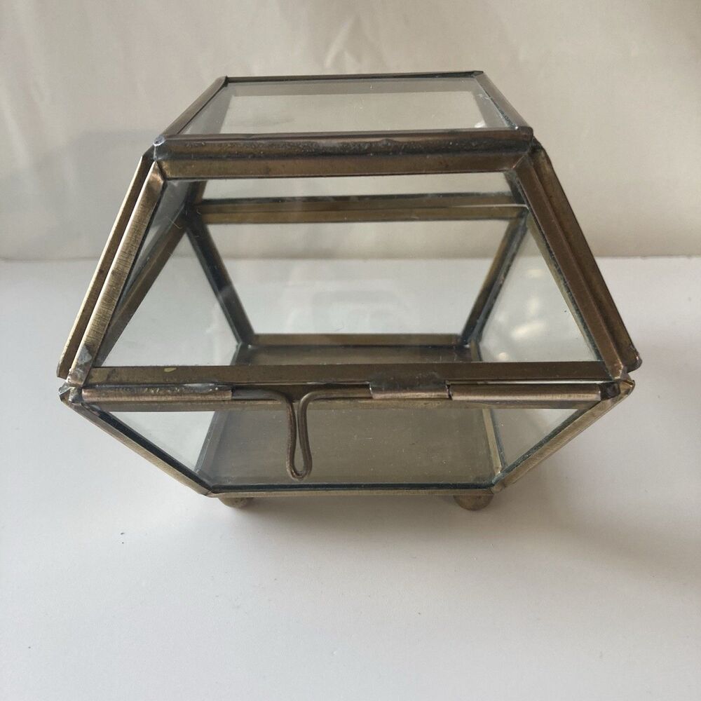 Vintage Brass Glass Footed Curio Jewelry Trinket Hinged Box Boho MCM Minimalist